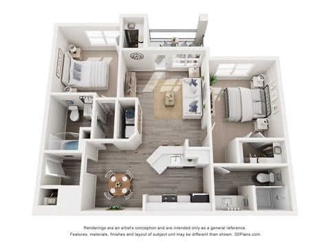 Floor plan for 2 beds, 2 baths, 1073 sqft